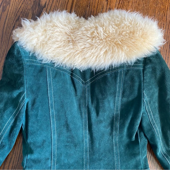 Vintage Suede Jacket w/ Fur Collar 🌲Forest Green, Buttoned, Penny Lane Style😍 - Picture 6 of 16